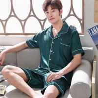 新款秋冬季男装长袖长裤睡衣男士春夏薄款时尚仿真丝韩版家居服 366#短袖 短裤[墨绿色] 男款L码[90-105斤可穿]