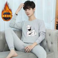保暖内衣男加绒加厚套装青少年打底衫印花防寒秋衣秋裤 [加绒]口罩男灰色 M[建议90-110]