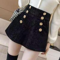 雪尼尔亮丝短裤女2021秋冬新款高腰双排扣A字阔腿裤百搭外穿靴裤 黑色 S 建议85-95斤