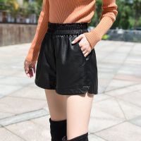 皮短裤女pu皮裤高腰显瘦阔腿裤2021秋冬新款时尚宽松外穿加厚靴裤 黑色铆钉款 [有内衬] XS [80-90斤]