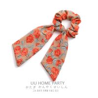 发绳韩版飘带长款仙气碎花头绳蝴碟结发带女外出气质绑发发圈女 桔色碎花+赠品