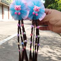 儿童假发发饰可爱小女孩儿童蝴蝶结发夹女童头饰宝宝辫子鸭嘴夹 小熊款-蓝色(一对装)