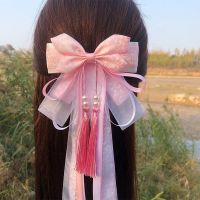 青花瓷发饰蝴蝶结中国风民族风头饰古风小仙女长飘带流苏发夹 A款浅粉色 8厘米鸭嘴夹