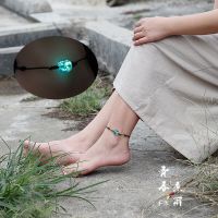 森女系发夜光双色琉璃脚链 唯美简约星空情侣学生闺蜜脚绳环男女 黑绳脚链 醉墨蓝琉璃