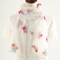 秋冬围巾女长款刺绣民族风旅游丝巾护颈围脖女荷叶边绣花舞蹈纱巾 富贵花 :白色