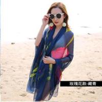 超大披肩女夏款围巾女冬款长款雪纺丝巾外搭韩版防晒百搭沙滩巾 沙滩巾(玫瑰花)藏青色 (约)130*190cm