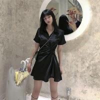 法式复古高级感连衣裙赫本女装2021新款潮春装收腰显瘦a型衬衫裙 黑色短款 短袖 S 80~95斤