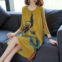春秋大码新连衣裙女装九分袖名媛气质宽松显瘦A型印花中长款裙子 黄色 M