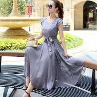 民族风气质女装2021新款裙子仿真丝中长款连衣裙夏季女士雪纺飘逸 灰色 M [建议100斤内]