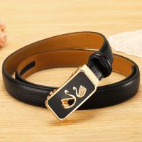 皮带女士自动扣白色青年细裤牛皮腰带真皮休闲百搭装饰韩版学生潮 天鹅黑 100cm