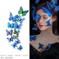 3D仿真双层彩色蝴蝶面部饰品脸贴自拍写真道具舞台妆立体墙贴蓝色 *蓝色单层(12只)送胶贴*/