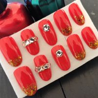 新娘孕妇穿戴美甲可摘可拆卸假指甲贴片可穿戴式美甲成品甲片圆头 大红色 大号+送