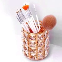 美甲笔筒水晶玻璃收纳盒欧日式桌面桶时尚化妆刷美甲工具圆形摆件 金色笔筒