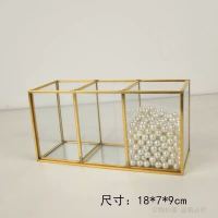 美甲师店桌面收纳盒日式工具ins笔筒刷子化妆品收纳玻璃金边北欧 轻奢三格收纳盒(不含珍珠)