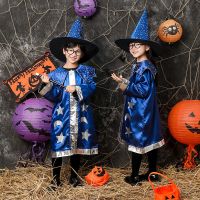 万圣节儿童服装女童cos女巫婆演出服男童哈利波特披风万圣节衣服 蓝色 单件披风 48 M码适合100-120cm