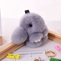 汽车钥匙扣女韩国可爱女士毛绒迷你兔子书包车钥匙手机挂件包小号 浅灰色 8-10cm精品獭兔毛