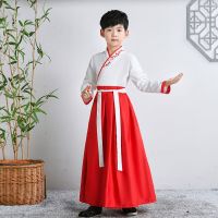 儿童古装汉服男女孩学生弟子规服装中国风幼儿三字经国学表演出服 白衣+红色裙子直袖男款(不含帽子) 100 身高90~10