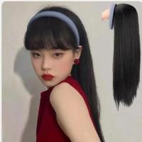 发箍假发长卷发自然无痕夏季一体新款薄款u型一体式懒人帽子头套 [浅蓝色发箍]长直发:黑色 :半头套