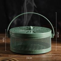 北欧铁艺蚊香炉带防火棉创意家用卧室蚊香托盘便携带盖驱蚊香架子 墨绿色圆款蚊香盒-带把手