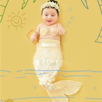 宝宝百天摄影服装 一百天拍照衣服 婴儿背景毯子服饰百天照道具 黄色美人鱼主题 百天左右宝宝