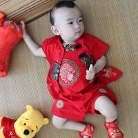 男女宝宝唐装套装夏端午节黄色辟邪衣服满月百天周岁礼服儿童肚兜 送鞋棉质 4件套 铜钱金龙 73