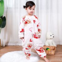 儿童连体睡袋单层双层加厚婴儿法兰绒睡衣秋冬男女童防踢被家居服 米色圣诞熊春秋单层款 80码(适合8个月以内宝宝)
