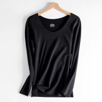 无痕孕妇保暖内衣女士低领打底衫德绒自发热加绒秋衣内穿单件上衣 双面磨绒黑色上衣(孕期产后都可穿) S