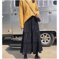 孕妇半身裙春秋潮妈外穿中长百褶金丝绒托腹孕妇裙子2021秋装新款 黑色 M