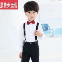 帅气儿童西装套装三件套英伦小西服男童花童礼服中小童钢琴演出服 长袖+长裤+背带+酒红领结 100