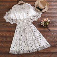 2021夏季新款学院风假两件套波点背带小个子收腰显瘦短袖连衣裙女 米白色 S