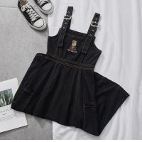 夏季背带牛仔连衣裙女新款韩版卡通刺绣黑色高腰百搭减龄背带裙潮 黑色 高品质 S