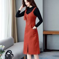 背带裙连衣裙中长款秋装2021年新款韩版大码减龄显瘦时尚百搭裙子 桔红 L 建议(95-115斤)