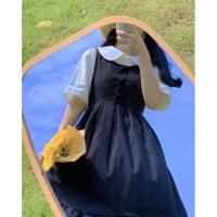 2021新款套装连衣裙女学生韩版宽松日系背带裙+白衬衫显瘦两件套 黑色背带裙+短袖圆领衬衫 2XL 建议140-150斤