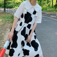 夏季新款日系奶牛背带连衣裙女学生韩版宽松中长款吊带裙单件套装 娃娃领上衣[单件] S [关注店铺送小礼物哦]