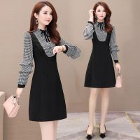 大码长袖连衣裙女春秋2021新款格子拼接遮肚显瘦收腰假两件背带裙 910格子 4XL