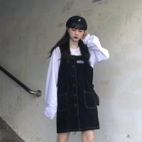 学院风秋季韩版Chic百搭减龄牛仔吊带裙女学生休闲宽松背带短裙子 黑色 S