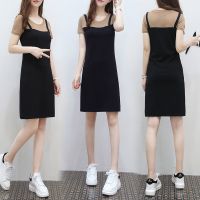 2021夏季韩版短袖拼接中长款假两件一步裙背带修身显瘦连衣裙女 卡其色 M [95斤内可穿 ]