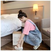 单件/套装 牛仔背带裙女2020夏季新款韩版中长款背带连衣裙两件套 单件粉色T恤 S 建议100斤以下