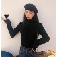 春秋2020新款中长款复古桔梗裙收腰显瘦方领碎花背带连衣裙女套装 单件黑色半高领打底衫 M