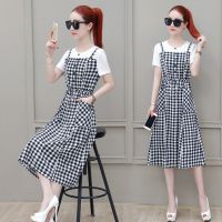 大码女装假两件背带裙2021春新款胖mm显瘦减龄遮肚洋气格子连衣裙 黑色 L [建议105斤]