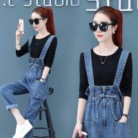 牛仔背带九分裤女春夏2021新款春秋韩版高腰宽松花苞吊带裤套装女 单件黑色T恤长袖 S