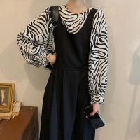 秋季韩版2021新款高腰显瘦中长款气质黑色A字背带连衣裙女装裙子 斑马纹衬衫 S