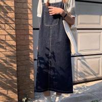 2020韩版夏季宽松显瘦学生牛仔减龄背带裙女秋中长款过膝连衣裙女 深蓝色 S