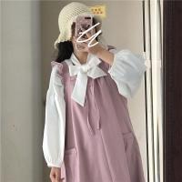 学院风日系软妹木耳边中长款背带连衣裙女学生蝴蝶结上衣单件套装 蝴蝶结上衣[关注店铺优先发货] S