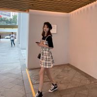 2021夏季新款洋气设计感小香名媛风连衣裙炸街背带裙假两件套装女 假两件格子裙 S