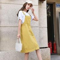 连衣裙女2021春夏季新款韩版两件套中长款初中高中学生宽松背带裙 黄色 单裙(商城品质) S(80-90斤)