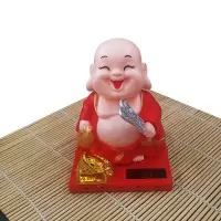 汽车摆件车载创意佛系太阳能点头敲木鱼小和尚弥勒佛禅意装饰品 红色弥勒佛-盒装 小号