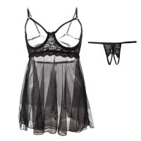 显胸大带钢圈透视睡衣套装性感露背胸睡裙诱惑情调内衣吊带女情趣 黑色 (裙子+T内裤) 均码 建议125斤以内