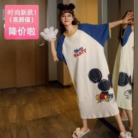 双面棉质提花长款睡裙女夏季短袖薄款新款可爱睡衣女春秋大码 双面棉提花Y3802蓝奇 M [80-100斤