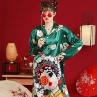 春秋夏情侣冰丝国潮睡衣长袖女士过膝中长款睡裙京剧脸谱宽松套装 7702绿色(裙装) M